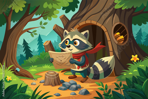 A raccoon discovering an ancient treasure map hidden in a hollow tree