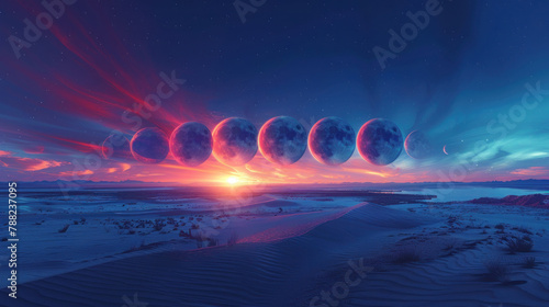 Artificial image of progressive moon phases during a sunset, surreal scenery, banner, copy space