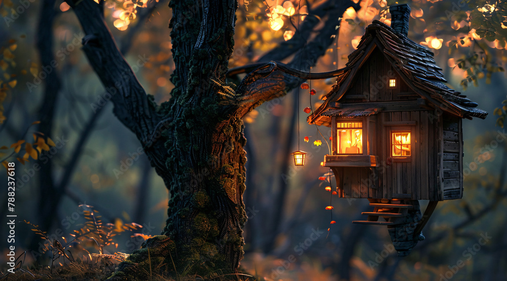 Fototapeta premium Charming Wooden Treehouse in Misty Autumnal Forest. A serene, fairy-tale world where cozy wooden house nestle high within the branches of trees cloaked in autumn's golden hues. The treehouse glows wit