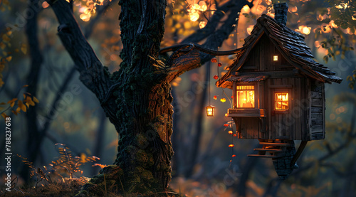 Charming Wooden Treehouse in Misty Autumnal Forest. A serene, fairy-tale world where cozy wooden house nestle high within the branches of trees cloaked in autumn's golden hues. The treehouse glows wit