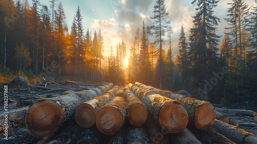 a pile and stack of wooden logs timber in a forest. photo