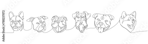 Set of dogs of different breeds, guard dog, service dog, companion dog one line art. Continuous line drawing of friend, dog, doggy, friendship, care, pet, animal, family, canine.