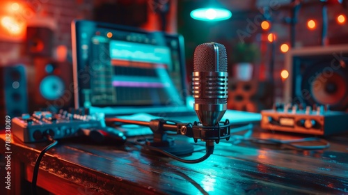 A microphone sitting on top of a wooden table next to an electronic device, AI photo