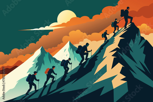 A silhouette of climbers ascending a mountain peak vector