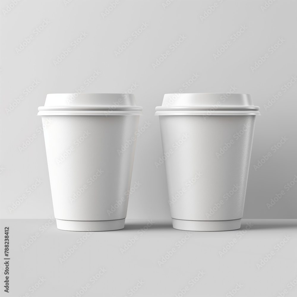 Two white takeaway coffee cups with lids isolate on a white background. Two white takeaway coffee cups with lids isolate on a white background.