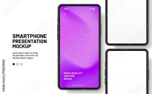 3D realistic high quality smartphone mockup with isolated background. Smart phone mockup collection. Device front view. 3D mobile phone with shadow on white background.