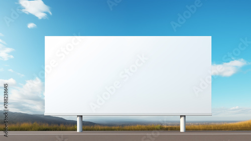 Blank roadside billboard on sunny day with grass hills mockup photography. Grassy field, template advertising outdoors. Rural setting promotional concept mock up photorealistic image