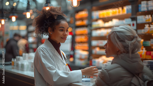 pharmacist at the drugstore wearing a white gown talking, giving advice, explaining, suggesting, and recommending to clients or patients about the prescription and medications.