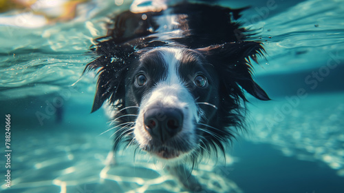 Wallpaper Mural Underwater photography of family dog playing in the pool in the summer sunny day. Purebred border collie jumping and swimming in garden swimmingpool.  Torontodigital.ca
