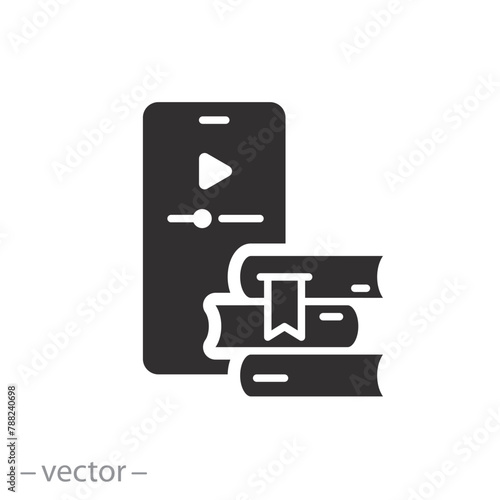 books in the phone icon, online library, listen audiobook, flat symbol on white background - vector illustration