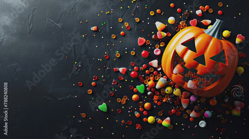 3D illustration halloween pumpkin filled with candy on black background.