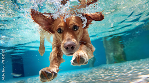 Underwater photography of family dog playing in the pool in the summer sunny day. Purebred golden retriever jumping and swimming in garden swimmingpool. 