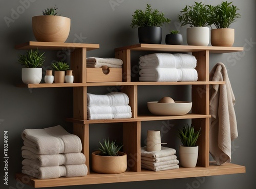 Organized wooden shelves with towels, plants, and various neatly arranged storage containers in a minimalist style.  © Aoun