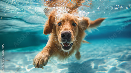 Underwater photography of family dog playing in the pool in the summer sunny day. Purebred golden retriever jumping and swimming in garden swimmingpool. 