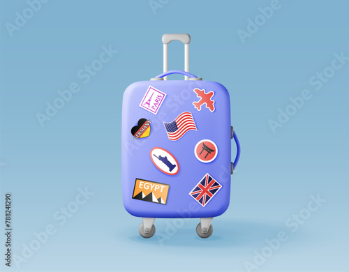 3D blue travel suitcase with stickers isolated. Render plastic bag. Travel or journey concept. Plastic case. trolley on wheels. Travel baggage and luggage. Realistic vector illustration