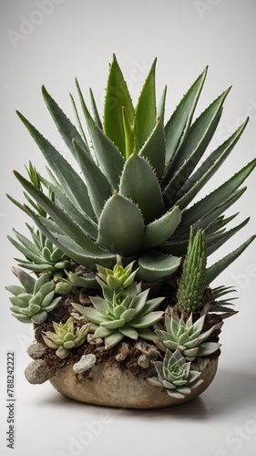 Collection of succulent plants, each unique in its form, color, thriving in rounded, shallow container. Dominating arrangement plant with thick, pointed leaves tinged with green at tips.