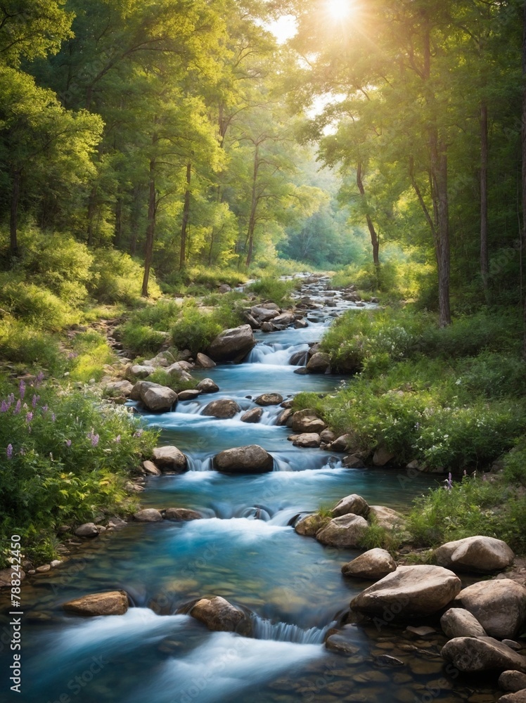 Fototapeta premium Tranquil scene unfolds in nature, where stream flows gently through lush forest. Sunlight filters through dense canopy of trees, casting soft glow on flowing water. Scattered throughout stream rocks.