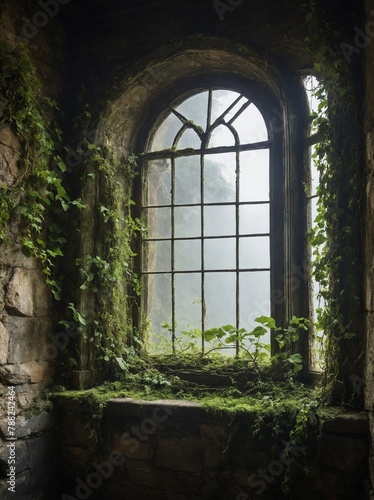 Gothic-style arched window, encased within stone wall, overtaken by relentless advance of nature as vines, moss claim their territory. Window, though still structurally intact. photo