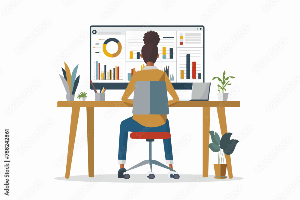 illustration of a woman working on computer with graphics and tables in vector