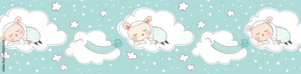 Slumbering Cartoon Sheep on Fluffy Clouds in Starry Dreamscape - Generative AI Slumbering Cartoon Sheep on Fluffy Clouds in Starry Dreamscape - Generative AI