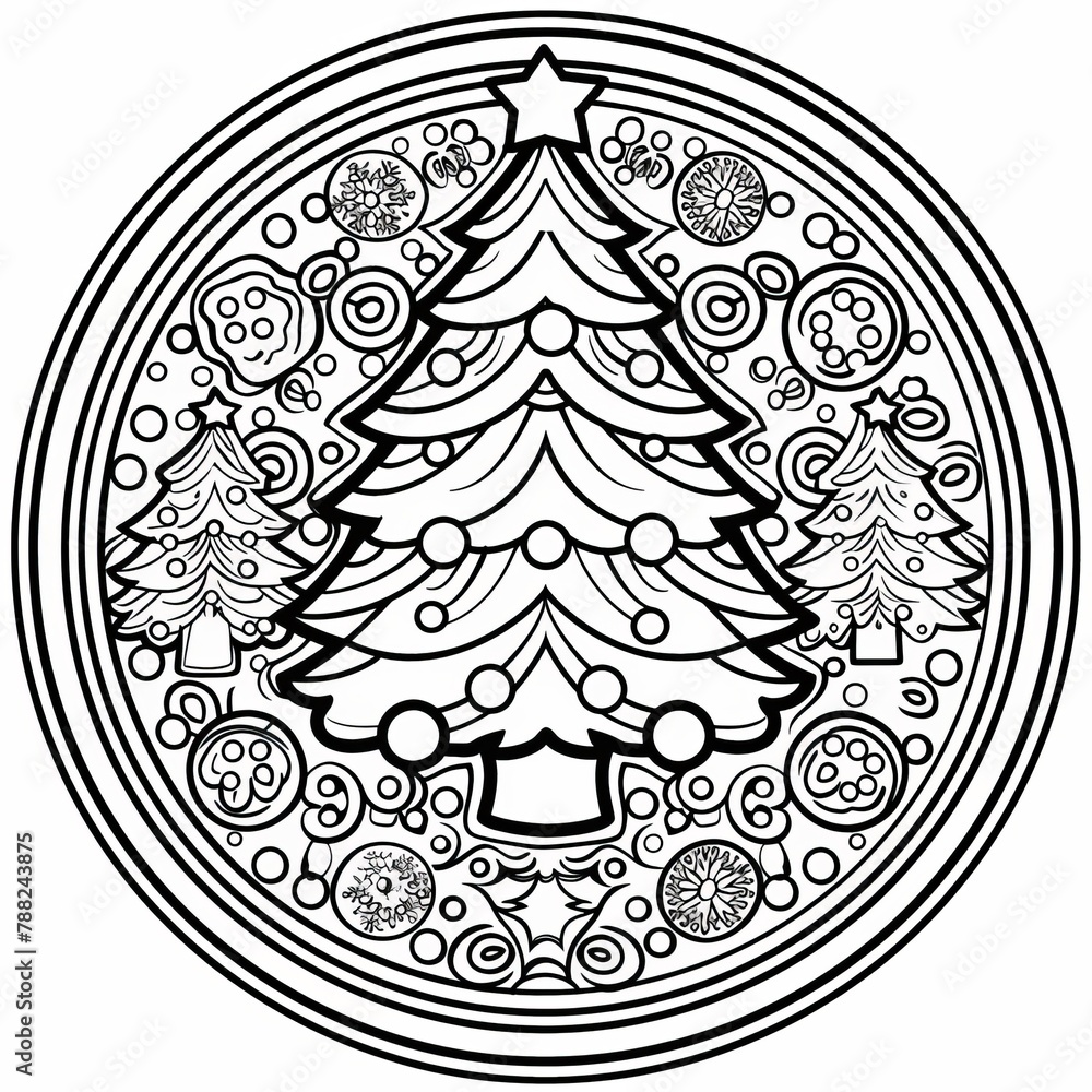 Festive Christmas Tree Mandala Coloring Book Page. Generative AI. Festive Christmas Tree Mandala Coloring Book Page. Generative AI.