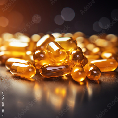 Many golden pills on dark background