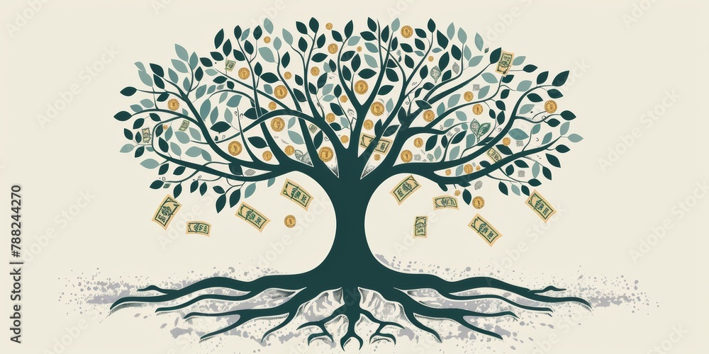 Fototapeta premium A money tree with a symmetrical trunk and woody branches, resembling money hanging from the twigs. An artistic representation of natures wealth