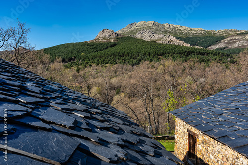 Slate stone roofs next to the mountains in central Spain, Guadalajara.