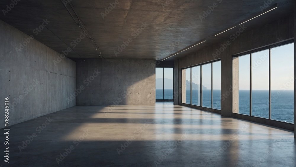 Loft space empty room with ocean view D render, featuring polished concrete floor and wall.