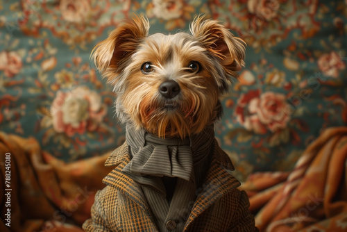Portrait of a Yorkshire Terrier dog in stylish vintage clothes in a retro interior