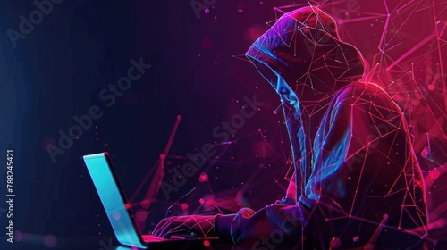 Abstract polygonal hacker with laptop on technology dark background. Cyber attack and cyber security concepts. Computer hacking. Digital technology. AI generated photo