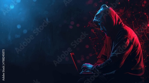 Abstract polygonal hacker with laptop on technology dark background. Cyber attack and cyber security concepts. Computer hacking. Digital technology. AI generated