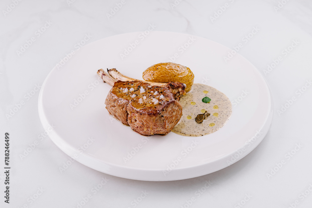 Gourmet lamb chop on elegant white plate