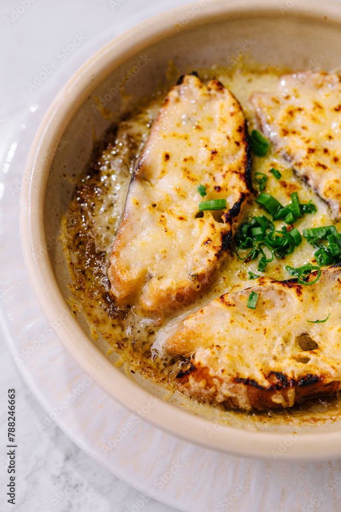 Homemade french onion soup with melted cheese