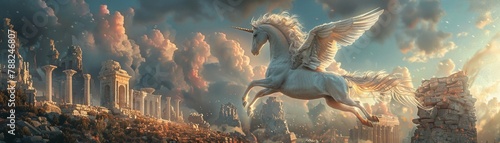 Pegasus soaring above ancient ruins, a blend of myth and history, twilight magic