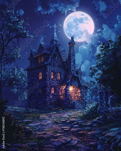 Retro horror scene, a haunted mansion under a full moon, suspense in the air  © AlexCaelus