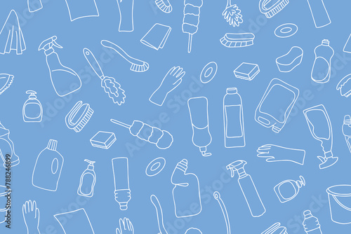 Seamless pattern of cleaning equipment in doodle style. Cleaning line icons. A line of hand-drawn equipment, cleaning products and tools for washing and disinfecting the home, windows, mirrors. Vector