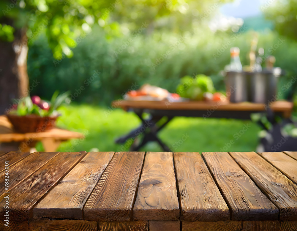 Wooden Table With Picnic Table in Background. Generative AI Wooden Table With Picnic Table in Background. Generative AI