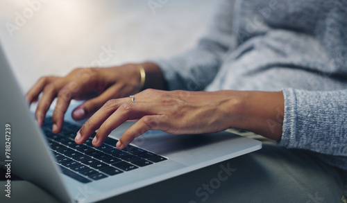 Writer, home or hands of person on laptop for networking on email or online research for remote work. Typing closeup, communication or editor copywriting on blog website, feedback or internet article photo