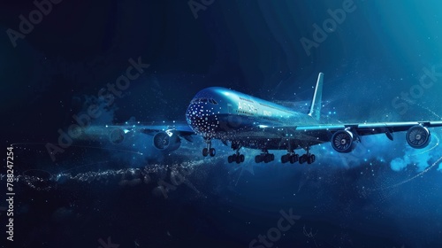 Abstract polygonal light commercial airliner. Business wire frame mesh spheres from flying debris. Travel concept. AI generated