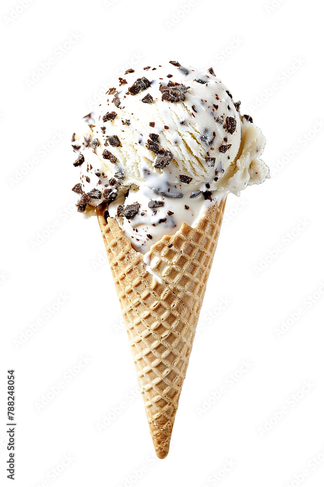 Ice cream cone with a scoop of stracciatella ice cream, on isolated transparent background Ice cream cone with a scoop of stracciatella ice cream, on isolated transparent background