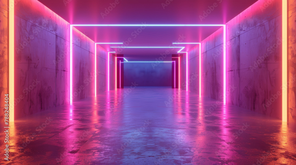 A blank room scene mockup showcasing sleek modern design complemented by neon lighting accents.
