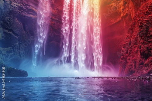 Enchanted waterfall vibrant rainbow mist minimal rocks wide view bottom text space