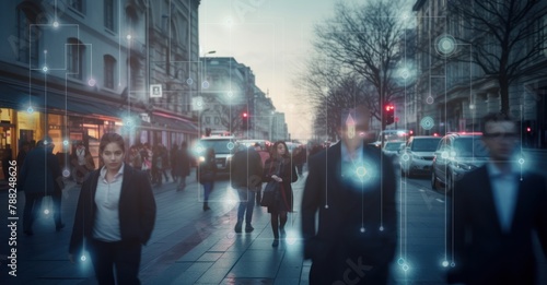 A Wide shot capturing the integration of facial recognition and personal identification technology in a bustling city street, with people passing by unaware of the surveillance photo