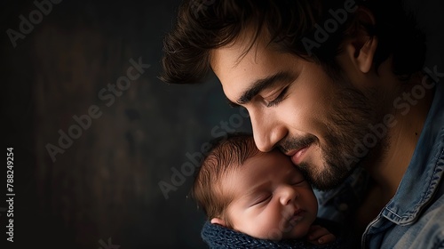 portrait of man looking at his newborn son with loving expression. copy space for text.