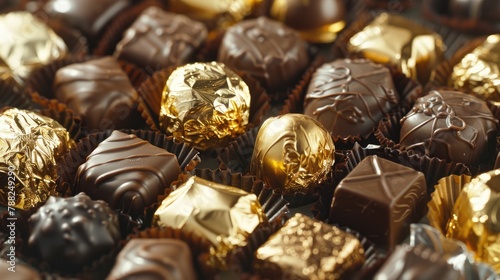 Assortment of luxurious chocolate candies with various fillings, sweet food background