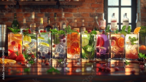 Array of vibrant gin tonic cocktails with fresh garnishes in an atmospheric bar setting