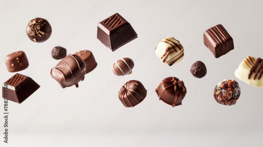 Obraz premium Assortment of chocolate candies and sweets flying in the air on white background. Truffles, creamy milk bonbons, sweet food concept banner