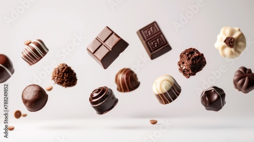 Assortment of chocolate candies and sweets flying in the air on white background. Truffles, creamy milk bonbons, sweet food concept banner