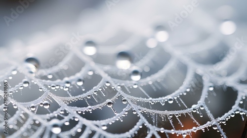 Image of dew drops delicately suspended in a spider web. 